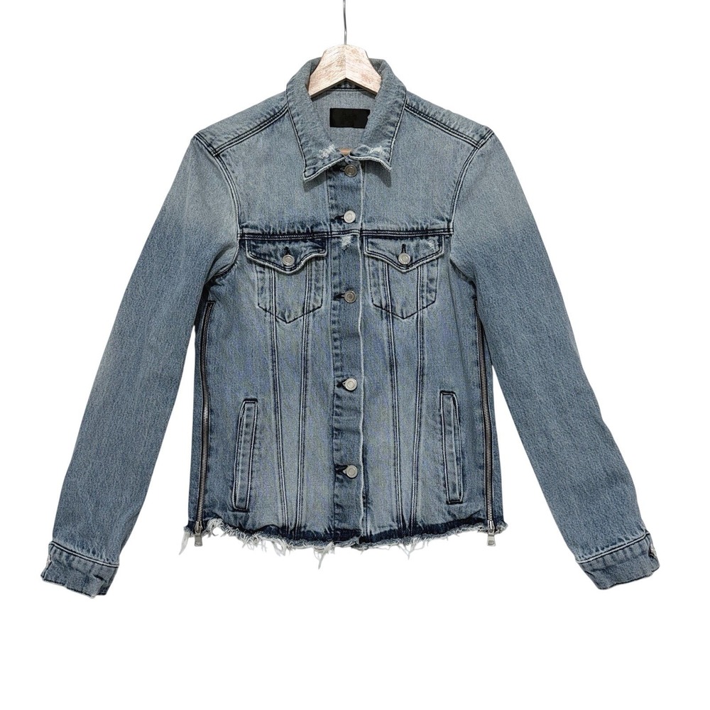 RTA Distressed Denim Trucker Jacket‎ Women's XS Grunge Moto Streetwear Y2K
